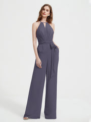 Halter Neckline Sleeveless Chiffon Pleated Jumpsuit Stormy