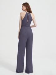 Halter Neckline Sleeveless Chiffon Pleated Jumpsuit Stormy