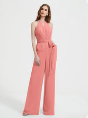 Halter Neckline Sleeveless Chiffon Pleated Jumpsuit Sunset Plus Size