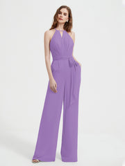 Halter Neckline Sleeveless Chiffon Pleated Jumpsuit Tahiti