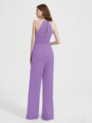 Halter Neckline Sleeveless Chiffon Pleated Jumpsuit Tahiti