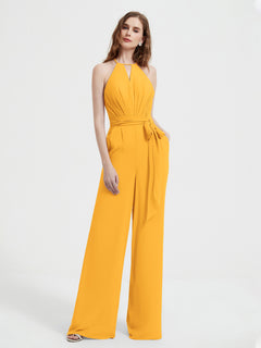 Halter Neckline Sleeveless Chiffon Pleated Jumpsuit Tangerine