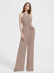 Halter Neckline Sleeveless Chiffon Pleated Jumpsuit Taupe