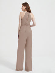 Halter Neckline Sleeveless Chiffon Pleated Jumpsuit Taupe