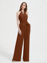 Halter Neckline Sleeveless Chiffon Pleated Jumpsuit Terracotta