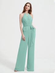 Halter Neckline Sleeveless Chiffon Pleated Jumpsuit Turquoise Plus Size