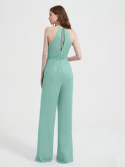 Halter Neckline Sleeveless Chiffon Pleated Jumpsuit Turquoise