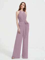 Halter Neckline Sleeveless Chiffon Pleated Jumpsuit Vintage Mauve Plus Size