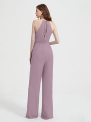 Halter Neckline Sleeveless Chiffon Pleated Jumpsuit Vintage Mauve Plus Size