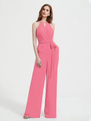Halter Neckline Sleeveless Chiffon Pleated Jumpsuit Watermelon Plus Size