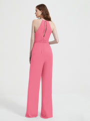 Halter Neckline Sleeveless Chiffon Pleated Jumpsuit Watermelon