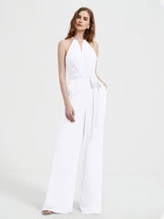 Halter Neckline Sleeveless Chiffon Pleated Jumpsuit White