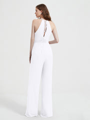Halter Neckline Sleeveless Chiffon Pleated Jumpsuit White Plus Size