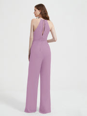 Halter Neckline Sleeveless Chiffon Pleated Jumpsuit Wisteria