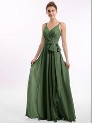 Long Spaghetti Strap Chiffon Bridesmaid Dress Olive Green