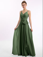 Long Spaghetti Strap Chiffon Bridesmaid Dress Olive Green