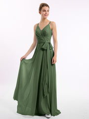 Long Spaghetti Strap Chiffon Bridesmaid Dress Olive Green