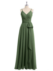 Long Spaghetti Strap Chiffon Bridesmaid Dress Olive Green