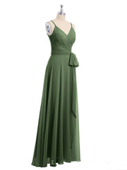 Long Spaghetti Strap Chiffon Bridesmaid Dress Olive Green