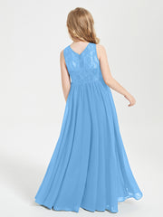 Long Junior Bridesmaid Dresses Lace Top Blue