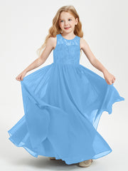 Long Junior Bridesmaid Dresses Lace Top Blue
