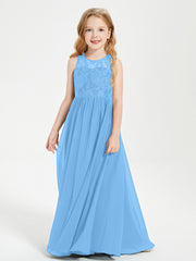 Long Junior Bridesmaid Dresses Lace Top Blue