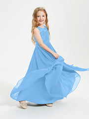 Long Junior Bridesmaid Dresses Lace Top Blue