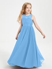 Long Junior Bridesmaid Dresses Lace Top Blue