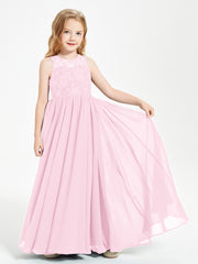 Long Junior Bridesmaid Dresses Lace Top Candy Pink