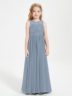 Long Junior Bridesmaid Dresses Lace Top Dusty Blue