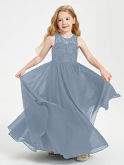 Long Junior Bridesmaid Dresses Lace Top Dusty Blue