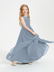 Long Junior Bridesmaid Dresses Lace Top Dusty Blue