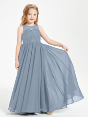 Long Junior Bridesmaid Dresses Lace Top Dusty Blue
