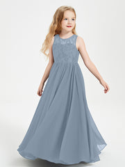 Long Junior Bridesmaid Dresses Lace Top Dusty Blue