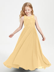 Long Junior Bridesmaid Dresses Lace Top Gold