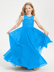 Long Junior Bridesmaid Dresses Lace Top Ocean Blue