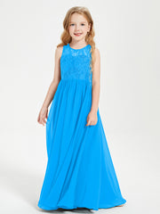 Long Junior Bridesmaid Dresses Lace Top Ocean Blue