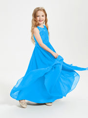 Long Junior Bridesmaid Dresses Lace Top Ocean Blue