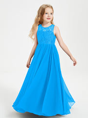 Long Junior Bridesmaid Dresses Lace Top Ocean Blue