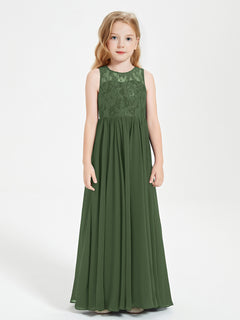 Long Junior Bridesmaid Dresses Lace Top Olive Green