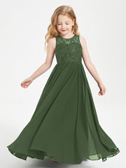 Long Junior Bridesmaid Dresses Lace Top Olive Green