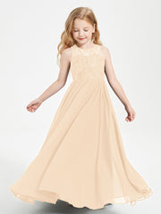 Long Junior Bridesmaid Dresses Lace Top Peach