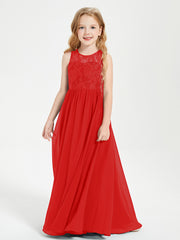 Long Junior Bridesmaid Dresses Lace Top Red