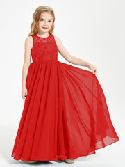 Long Junior Bridesmaid Dresses Lace Top Red