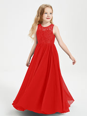 Long Junior Bridesmaid Dresses Lace Top Red