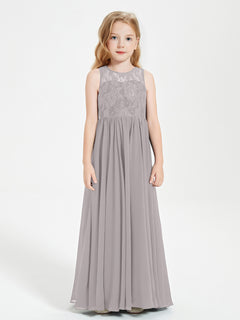 Long Junior Bridesmaid Dresses Lace Top Silver