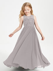 Long Junior Bridesmaid Dresses Lace Top Silver