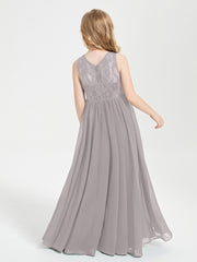 Long Junior Bridesmaid Dresses Lace Top Silver