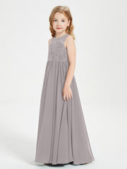 Long Junior Bridesmaid Dresses Lace Top Silver