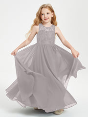 Long Junior Bridesmaid Dresses Lace Top Silver